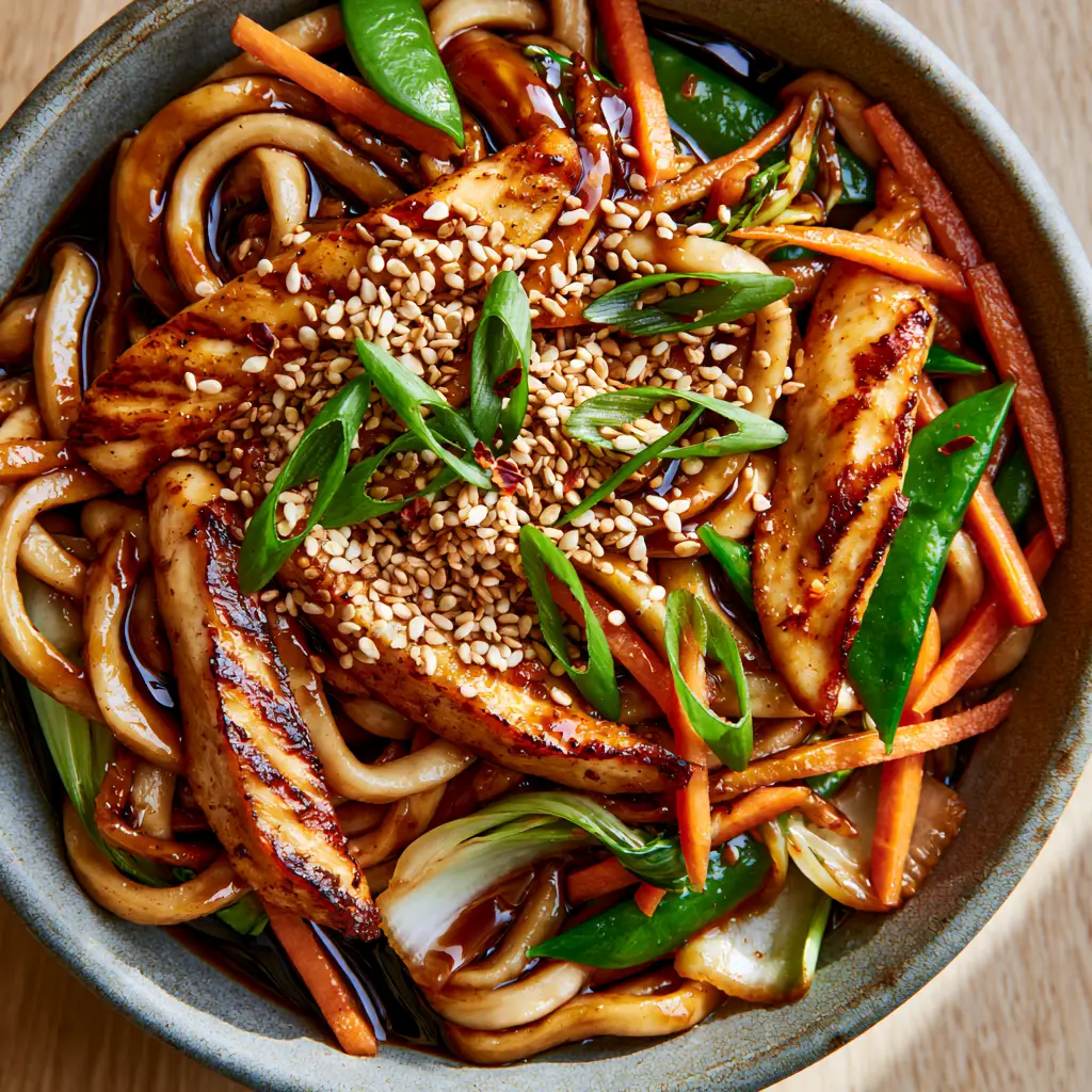 Wide strips of chicken breast with golden-brown sear marks mixed with bright green snap peas and orange julienned carrots in a rustic ceramic bowl. (chicken lo mein)