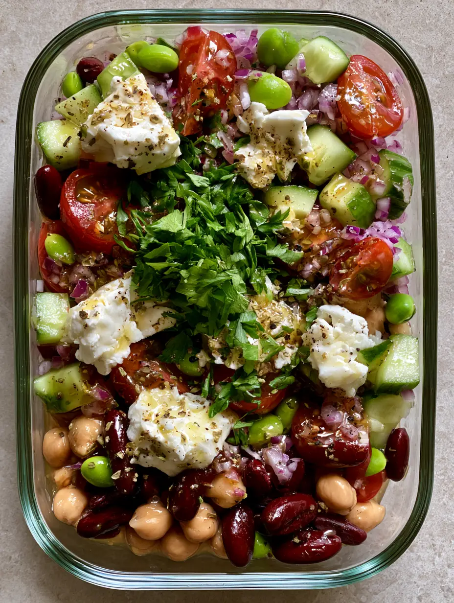 Dense Bean Salad Recipes: The Ultimate High-Protein Meal Prep Solution 3 Overhead view of dense bean salad recipes with glistening lemon vinaigrette, parsley, and cracked black pepper.
