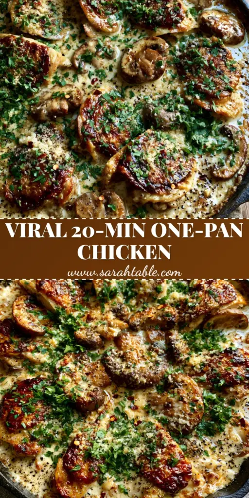 A rustic cast iron skillet filled with golden chicken and mushrooms in a thick garlic cream sauce with parsley. (chicken and mushrooms)