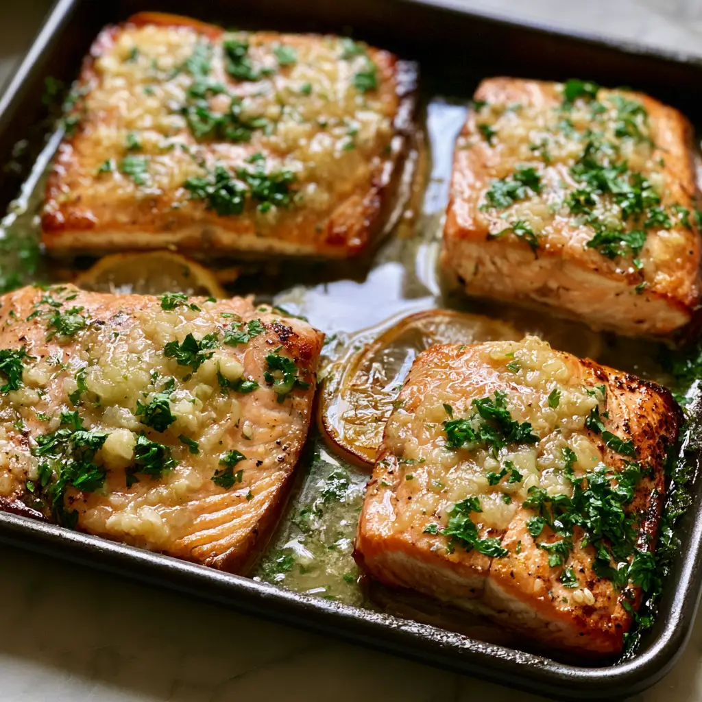 Garlic Butter Baked Salmon with Caramelized Lemons and Fresh Parsley 1 Close-up of the flaky texture of Garlic Butter Baked Salmon drenched in a glossy garlic sauce.
