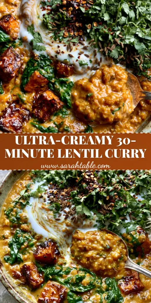 Coconut Lentil Curry with Roasted Sweet Potatoes and Wilted Spinach 3 A rustic bowl of thick orange Coconut Lentil Curry topped with a white coconut milk swirl, roasted sweet potatoes, and fresh cilantro. (Coconut Lentil Curry)