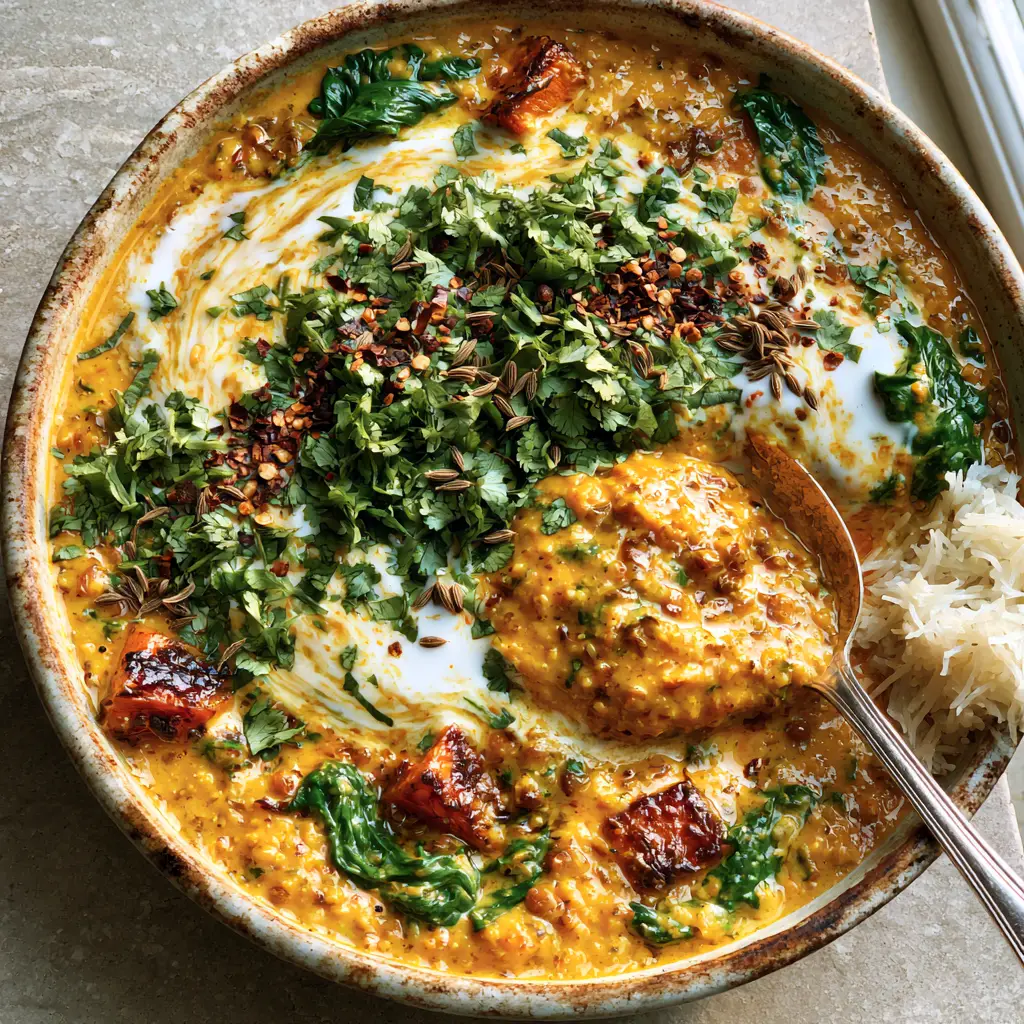 Coconut Lentil Curry with Roasted Sweet Potatoes and Wilted Spinach 2 Close-up high-angle shot of vibrant orange red lentil dahl with a thick velvety texture and coconut cream marble. (Coconut Lentil Curry)