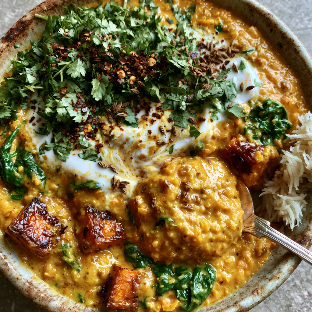 Coconut Lentil Curry with Roasted Sweet Potatoes and Wilted Spinach 1 A silver spoon lifting a thick portion of Coconut Lentil Curry with sweet potato and spinach visible. (Coconut Lentil Curry)