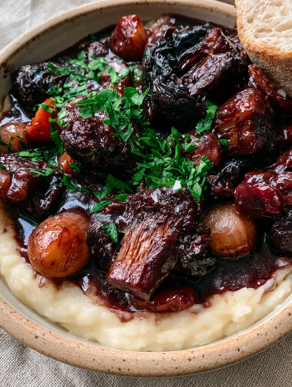 Close-up of seared portobello mushrooms and glossy burgundy wine sauce in a ceramic bowl. (Vegan Mushroom Bourguignon)
