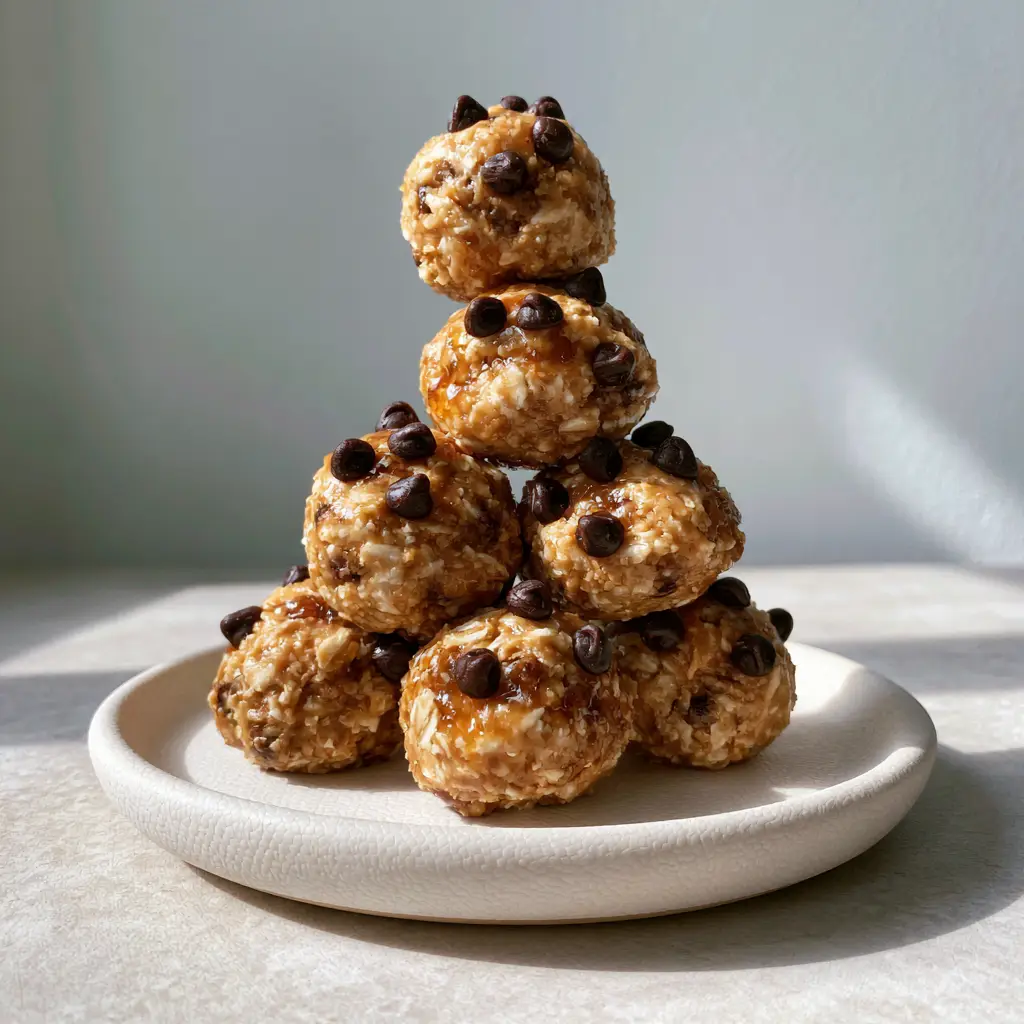Energy Oatmeal Balls: The Ultimate No-Bake Peanut Butter Snack 2 Close up photo of round cookie dough energy oatmeal balls with visible rolled oats and mini dark chocolate chips. (energy oatmeal balls)