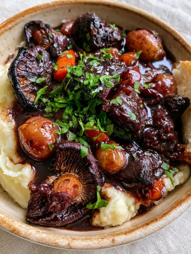 Top-down shot of Vegan Mushroom Bourguignon served with crusty sourdough bread and garlic mashed potatoes.