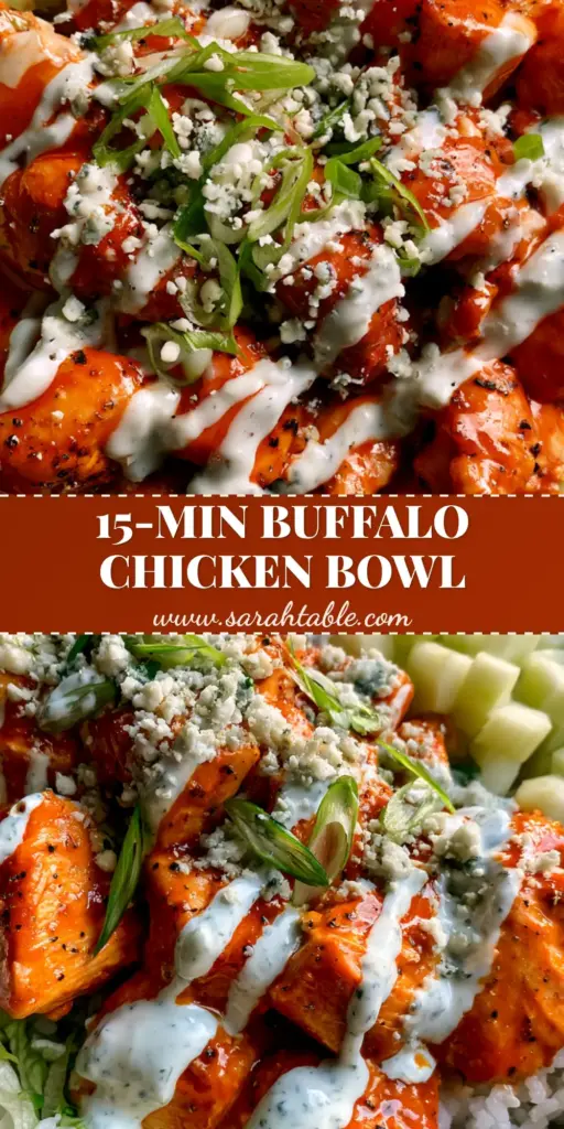 A colorful overhead shot of buffalo chicken bowls featuring seared spicy chicken, white rice, shredded romaine, and a ranch drizzle. (buffalo chicken bowls)