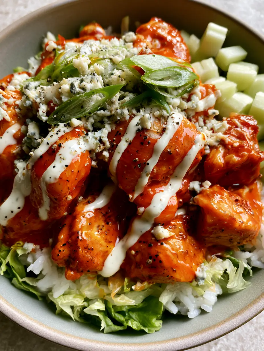 A high-angle macro shot showing glossy buffalo chicken cubes with black pepper specks and a ranch drizzle in a matte bowl. (buffalo chicken bowls)