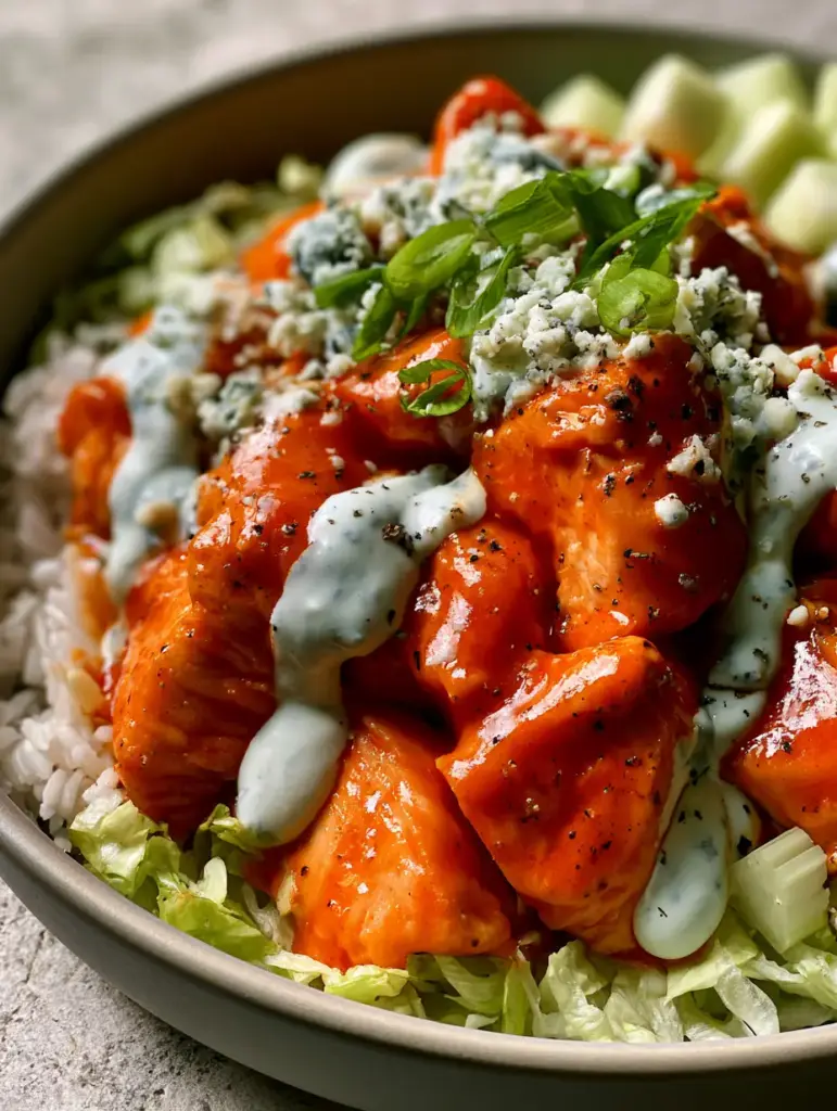 Detail shot of buffalo chicken bowls with crumbled blue cheese, sliced scallions, and finely diced celery.