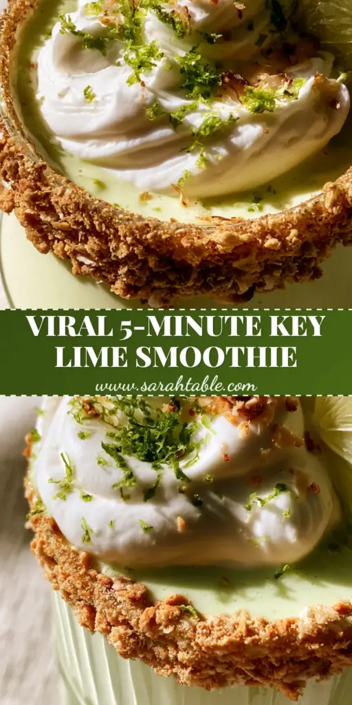 A tall ribbed glass filled with a thick pale lime-green coconut key lime pie smoothie topped with billowing coconut whipped cream and a lime wheel garnish.