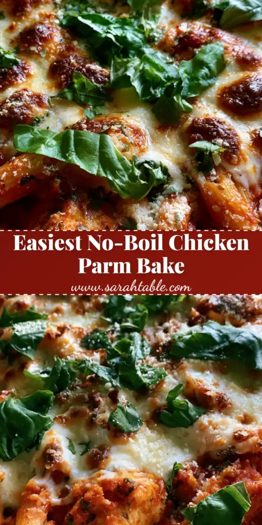 An overhead close-up shot of a rustic white ceramic baking dish filled with chicken parmesan casserole featuring golden chicken and bubbly mozzarella.