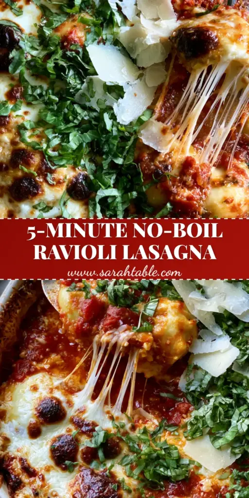 A close up top-down view of a bubbling ravioli lasagna in a white ceramic dish with a stretchy cheese pull. (ravioli lasagna)