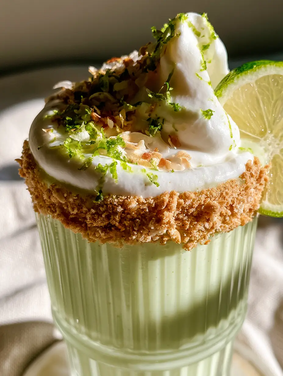 Close-up of a coconut key lime pie smoothie with a textured toasted coconut and graham cracker rim and neon-green lime zest.