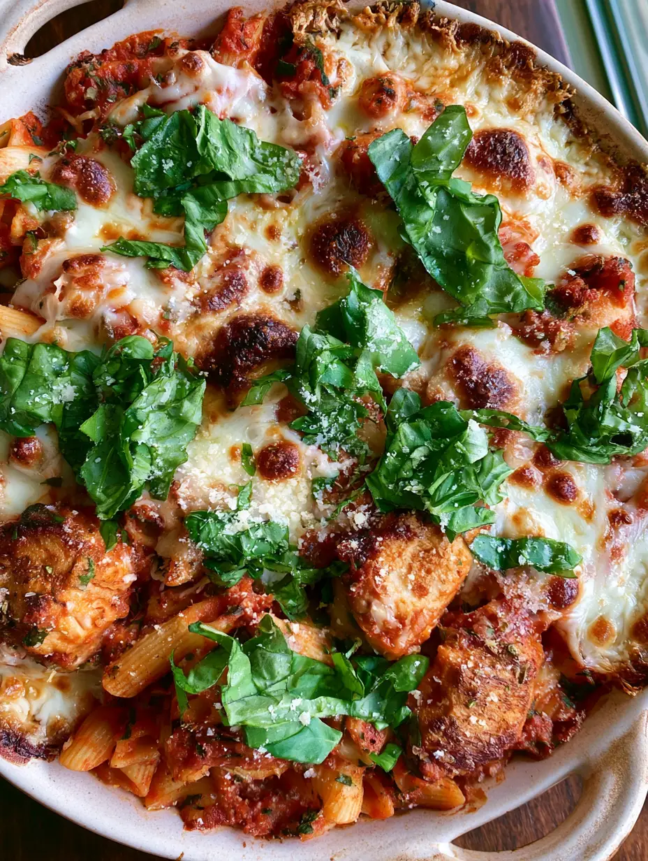 Close-up of Chicken parmesan casserole in a white dish with visible steam, melted cheese with golden spots, and fresh green basil.