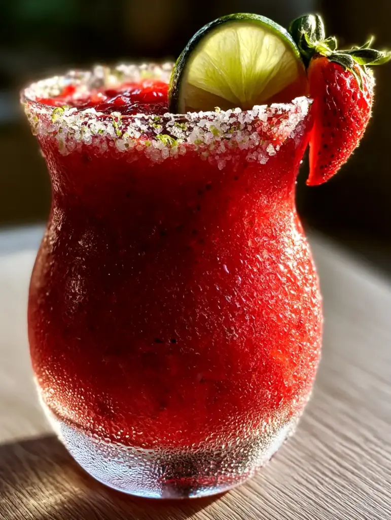 Eye-level close-up of a vibrant red Frozen Strawberry Margarita showing micro-ice crystals and cold condensation beads. (Frozen Strawberry Margarita)