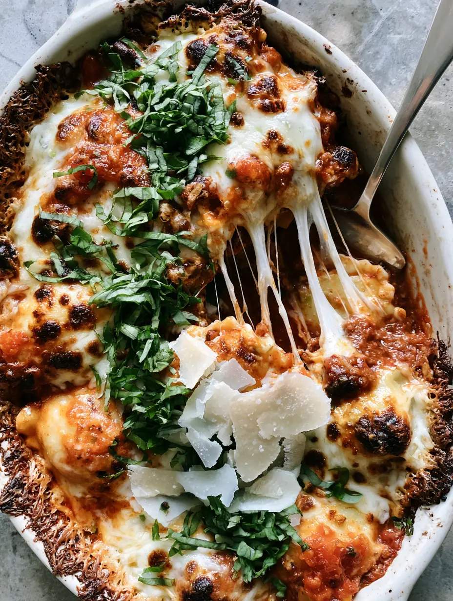 A rustic ceramic dish filled with ravioli lasagna featuring charred mozzarella and fresh basil ribbons. (ravioli lasagna)