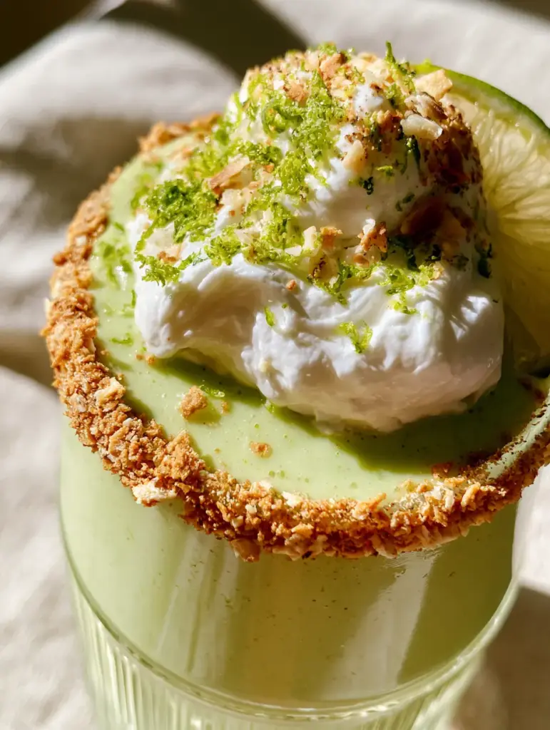 A handheld photo of a coconut key lime pie smoothie featuring a billowing dollop of white coconut cream and a paper-thin lime wheel.