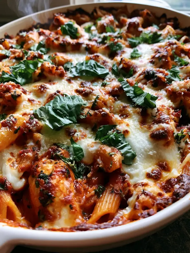 Overhead view of chicken parmesan casserole showing the thick marinara sauce and toasted parmesan flakes.