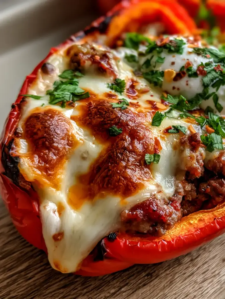 Stuffed Bell Peppers Recipes: The Ultimate Zesty Air Fryer Ground Beef Peppers 2 Macro photo of a single red bell pepper half with toasted golden cheese bubbles and zesty ground beef filling. (Stuffed Bell Peppers Recipes)