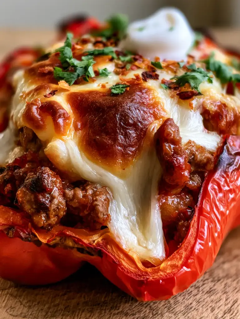 Stuffed Bell Peppers Recipes: The Ultimate Zesty Air Fryer Ground Beef Peppers 1 Overhead view of air-fried stuffed peppers showing charred skin and fresh cilantro garnish. (Stuffed Bell Peppers Recipes)