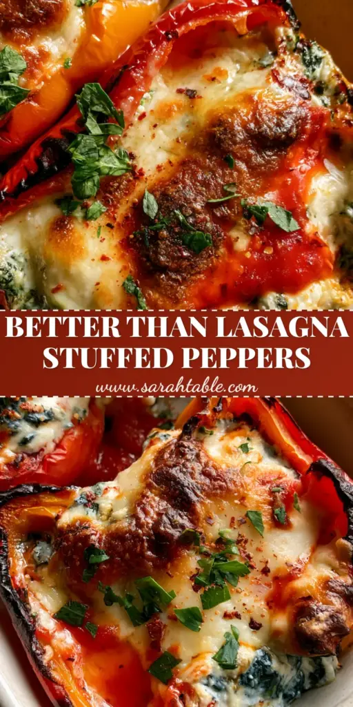 A close-up shot of Spinach and Ricotta Stuffed Peppers in a rustic white dish, featuring blistered skins and a golden-brown toasted parmesan crust.