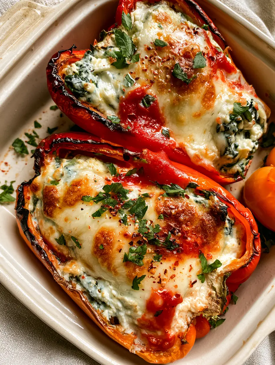 Top-down view of two red and orange bell peppers overflowing with creamy spinach and ricotta, garnished with parsley and red pepper flakes.