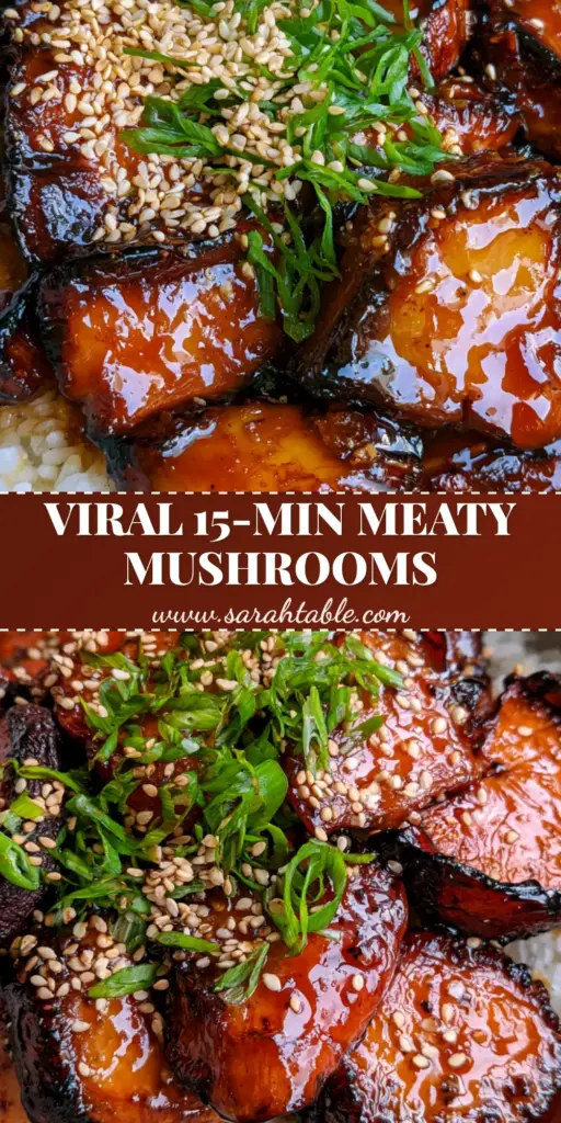 Macro top-down view of Teriyaki Mushrooms over jasmine rice with sesame seeds and scallions in a charcoal bowl.