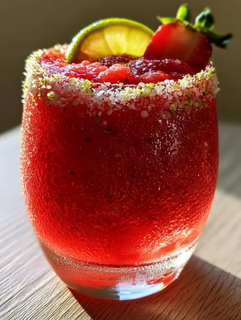 Frozen Strawberry Margarita: The Ultimate Velvety Crimson Slushy 1 Close-up of a modern wide-rimmed glass containing a Frozen Strawberry Margarita garnished with a lime wheel and halved strawberry.