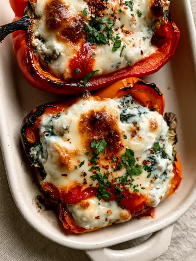 Close-up of blistered bell pepper edges and perfectly melted mozzarella cheese with golden-brown spots.