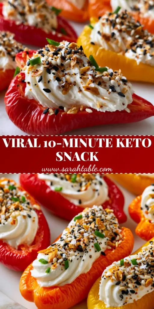 A beautiful white marble platter featuring Cold Stuffed Mini Peppers in red, orange, and yellow, piped with swirling whipped cream cheese and topped with everything bagel seasoning.