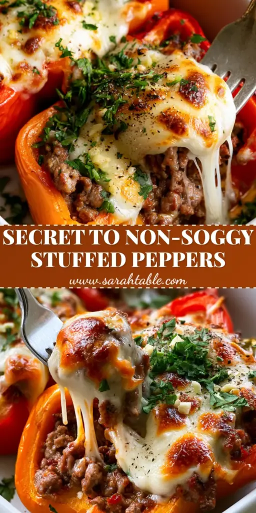A hero shot of three halved red and orange bell peppers using a ground beef stuffed peppers recipe, featuring a long mozzarella cheese pull and fresh parsley garnish.