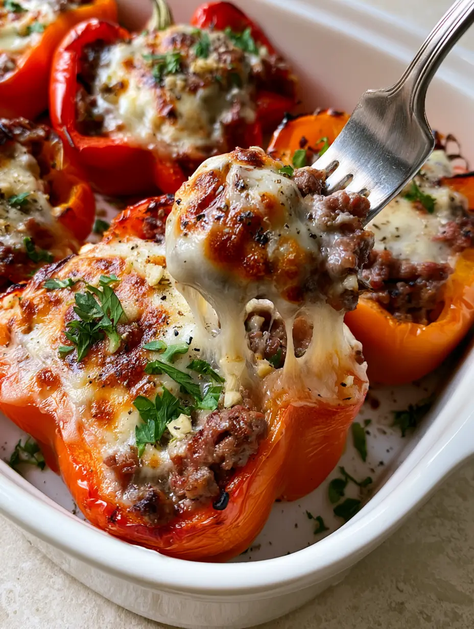 Close-up of vibrant red bell peppers with charred edges and bubbling toasted mozzarella from this ground beef stuffed peppers recipe.