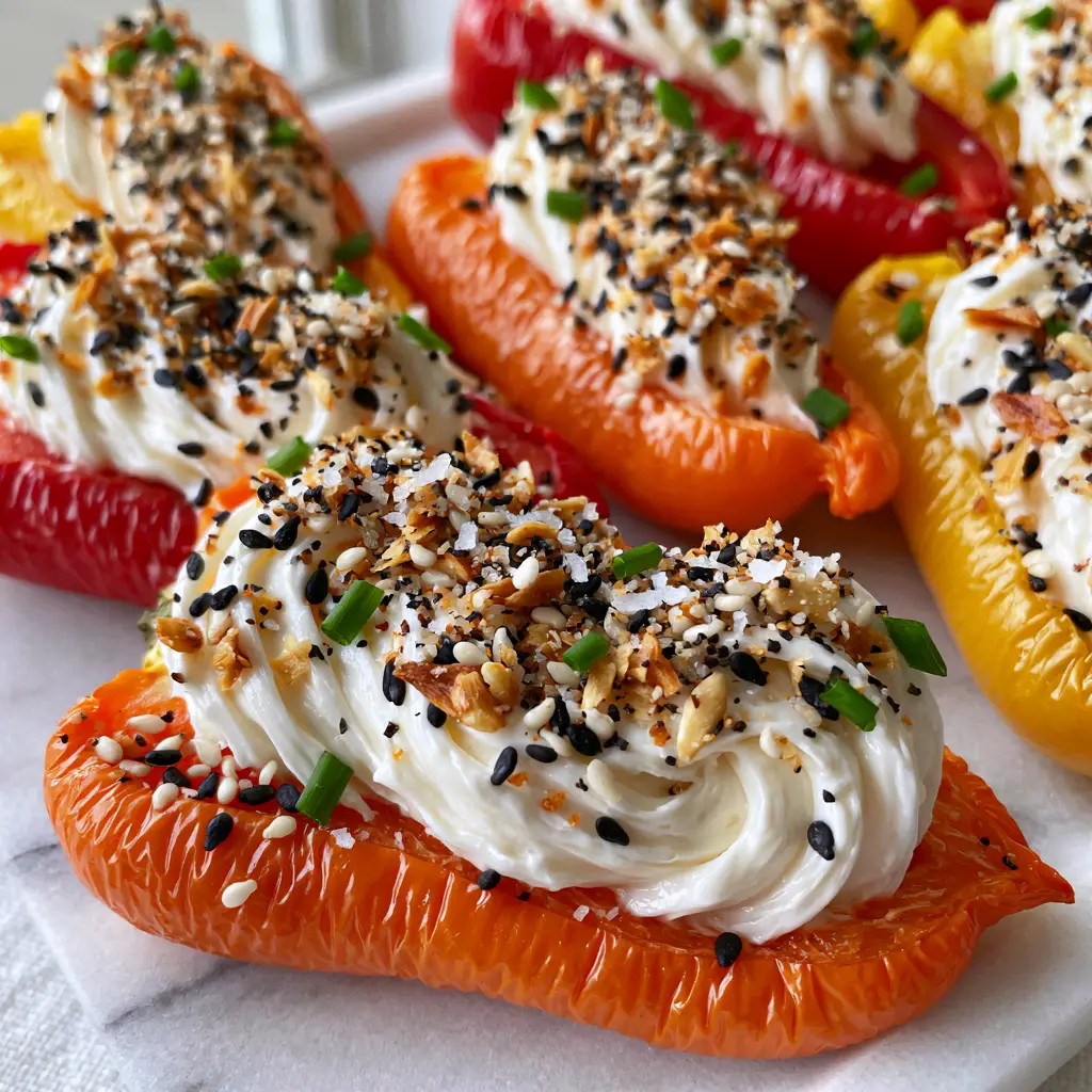 Handheld photo showing the crunchy everything bagel seasoning and tiny chive flecks on Cold Stuffed Mini Peppers.