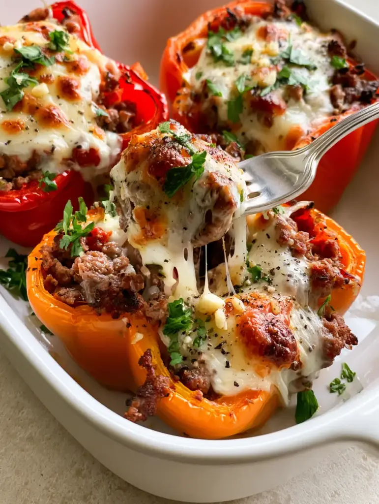 Three halved orange and red bell peppers standing upright in a white ceramic dish, showcasing the ground beef stuffed peppers recipe.