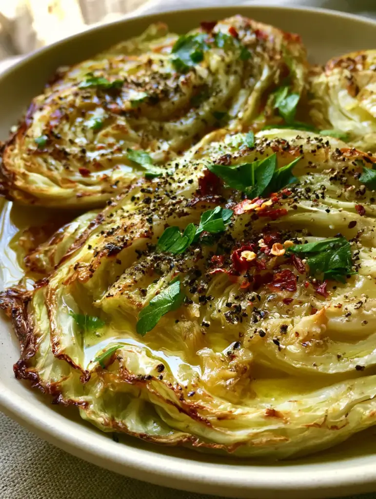 Garlic butter melting cabbage with toasted garlic and chili flakes 2 High-angle shot of green cabbage wedges roasted to a golden-brown finish with garlic butter. (Garlic butter melting cabbage)