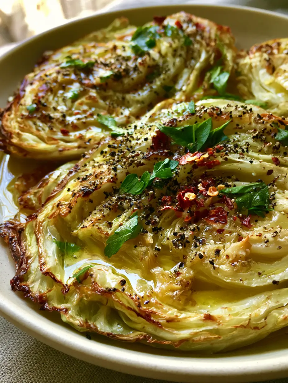 Garlic butter melting cabbage with toasted garlic and chili flakes 3 High-angle shot of green cabbage wedges roasted to a golden-brown finish with garlic butter. (Garlic butter melting cabbage)