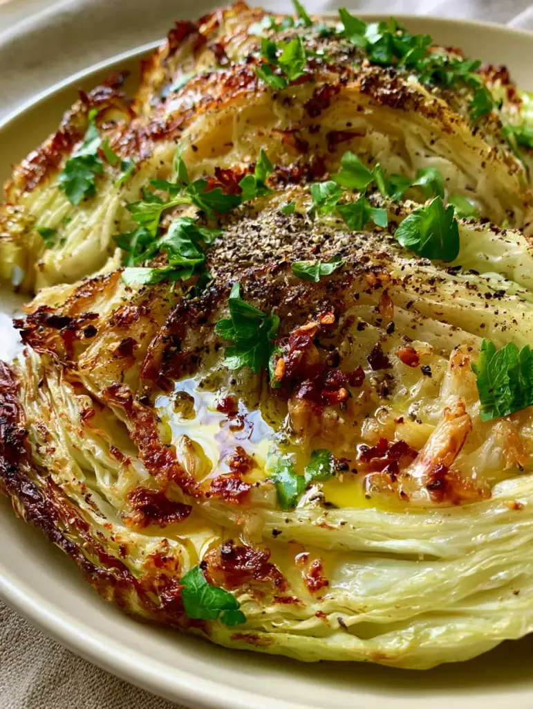 Garlic butter melting cabbage with toasted garlic and chili flakes 1 Close-up of charred cabbage edges and toasted minced garlic nestled in crevices. (Garlic butter melting cabbage)