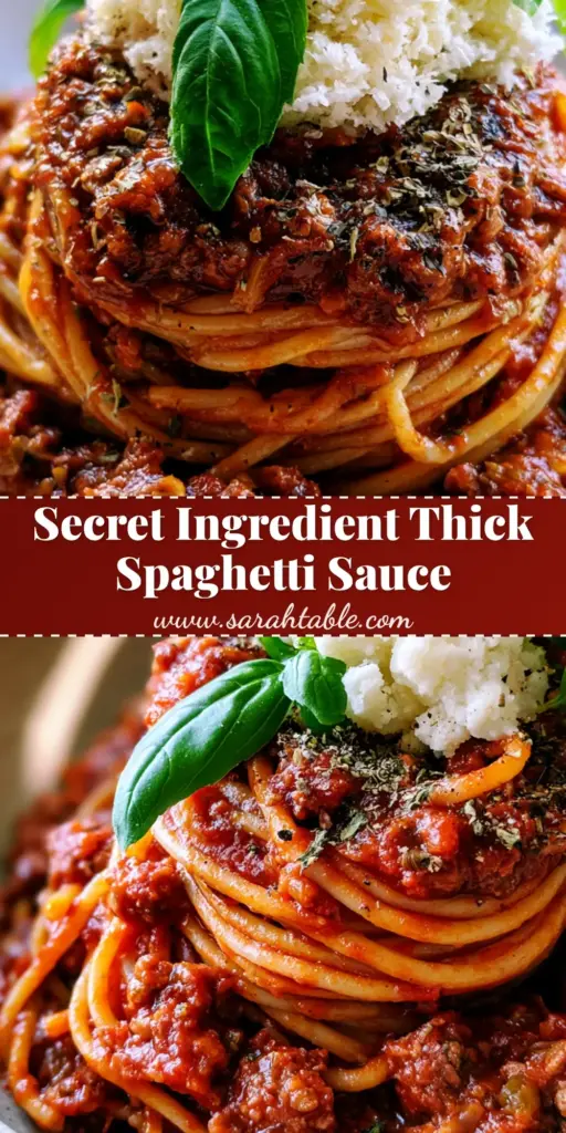 Spaghetti sauce: The Secret to an Ultra-Thick and Deep-Crimson Meat Sauce 4 A tall swirl of al dente pasta topped with thick deep-crimson spaghetti sauce, fluffy parmesan, and fresh basil.