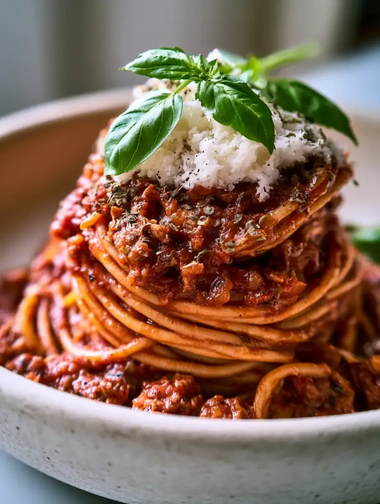 Spaghetti sauce: The Secret to an Ultra-Thick and Deep-Crimson Meat Sauce 2 Macro close-up of thick spaghetti sauce with visible beef crumbles and fluffy parmesan cheese garnish.
