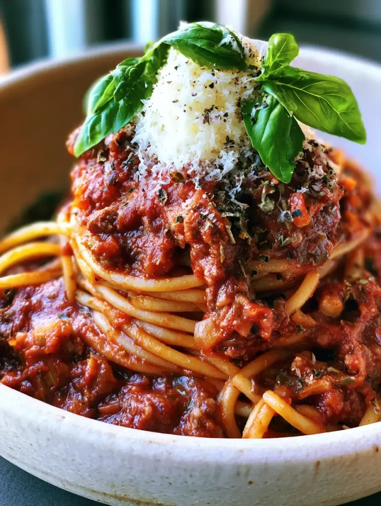 Spaghetti sauce: The Secret to an Ultra-Thick and Deep-Crimson Meat Sauce 1 A side profile shot of an elegant spaghetti swirl coated in deep-red meat sauce with basil sprigs.