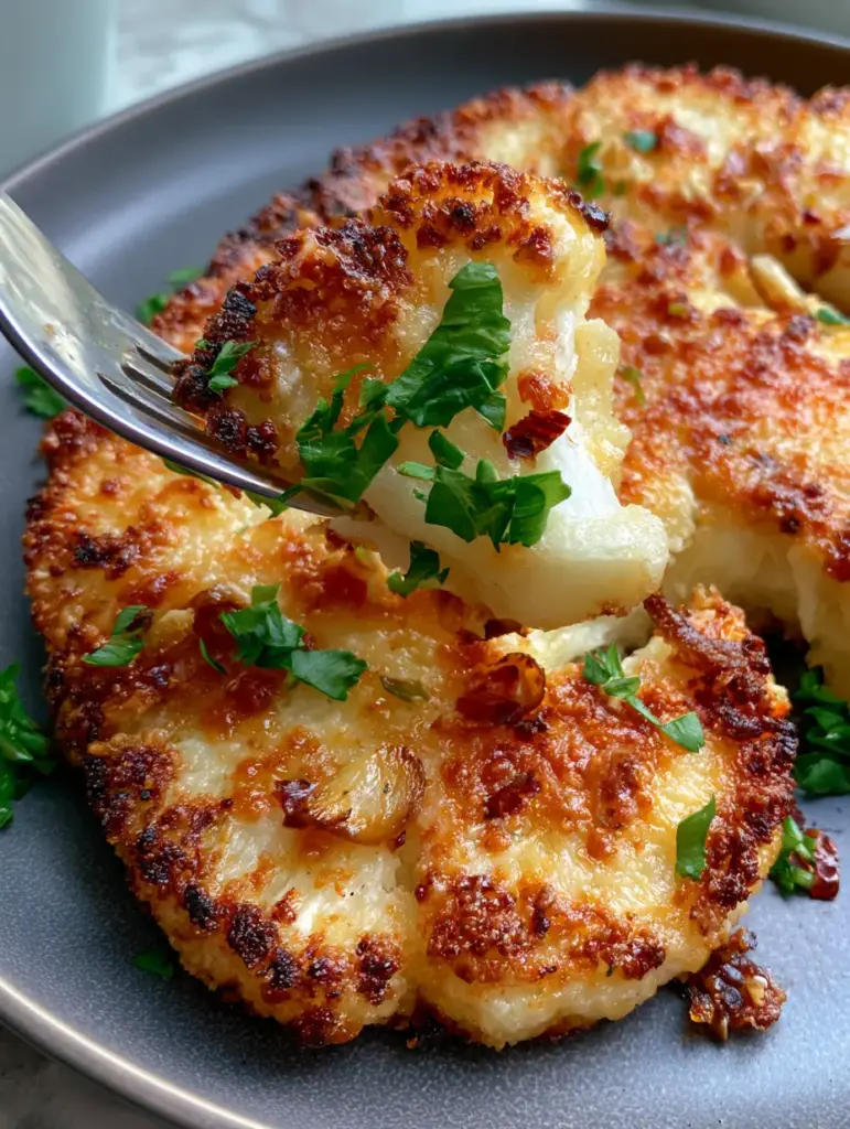 Baked Cauliflower Steaks with a Crispy Golden Parmesan Crust 2 Extreme macro close-up of a thick-cut baked cauliflower steak with toasted minced garlic and golden cheese crust. (baked cauliflower steaks)
