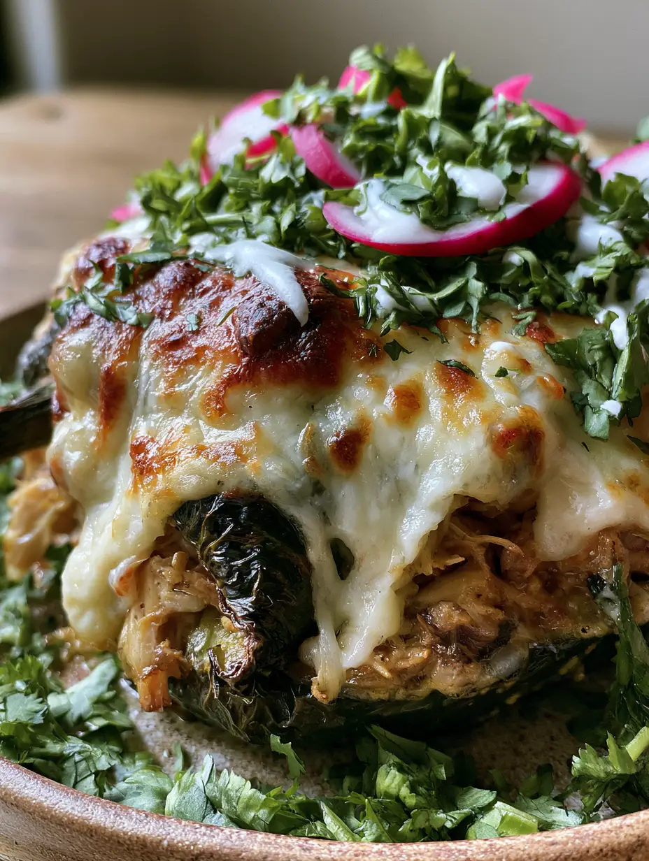Chicken Stuffed Poblano Peppers with Bubbling Monterey Jack Cheese 3 Ultra-close-up of roasted poblano pepper halved and stuffed with chicken and bubbly cheese. (Chicken Stuffed Poblano Peppers)