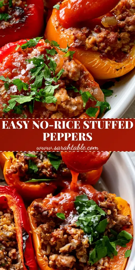 A top-down photo of three vibrant Whole30 stuffed peppers in a white ceramic dish, drizzled with glossy tomato sauce and sprinkled with fresh parsley and flaky sea salt.