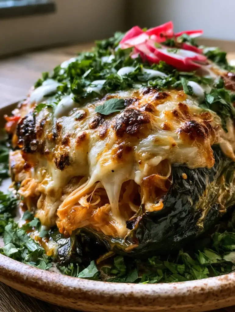 Chicken Stuffed Poblano Peppers with Bubbling Monterey Jack Cheese 1 Overhead view of Chicken Stuffed Poblano Peppers garnished with radish slices and lime crema.