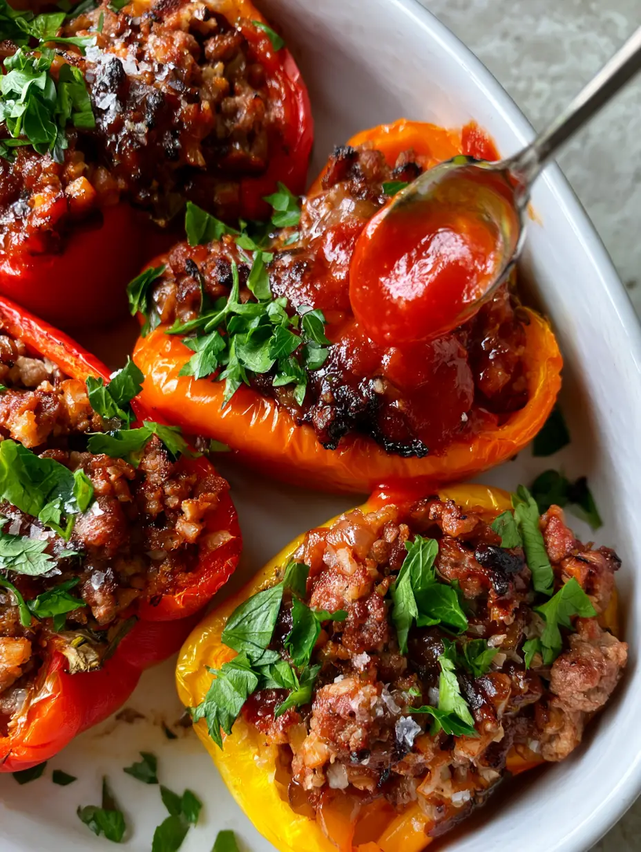 Close-up of three halved bell peppers stuffed with browned ground turkey and cauliflower rice, topped with a vibrant red tomato reduction. (Whole30 stuffed peppers)