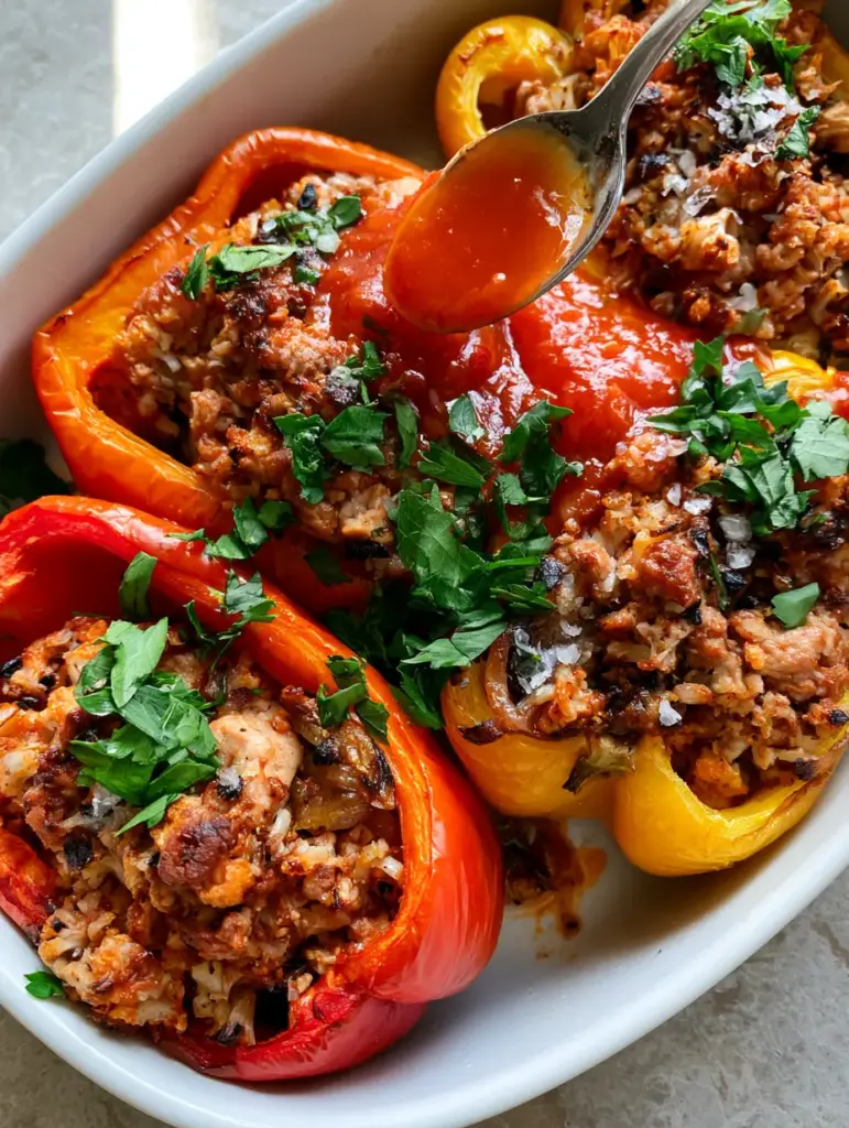 A stainless steel spoon drizzling a thick, glossy tomato glaze over a stuffed bell pepper filled with browned turkey. (Whole30 stuffed peppers)