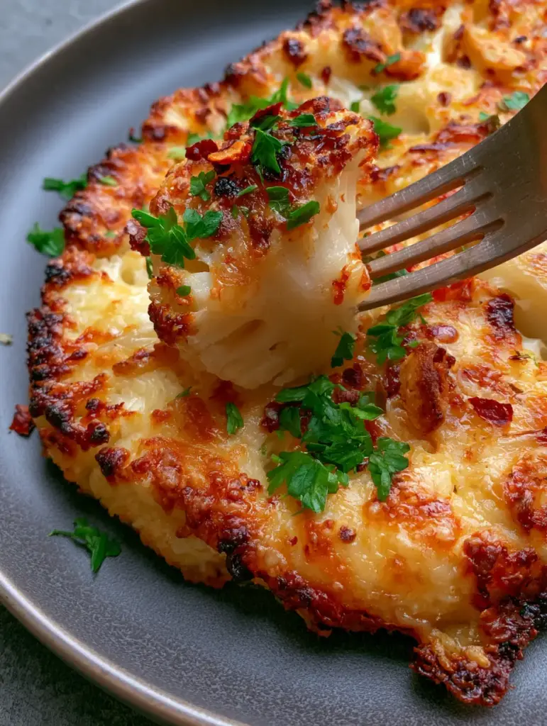 Baked Cauliflower Steaks with a Crispy Golden Parmesan Crust 1 A fork lifting a firm, meaty bite of a parmesan-crusted baked cauliflower steak.
