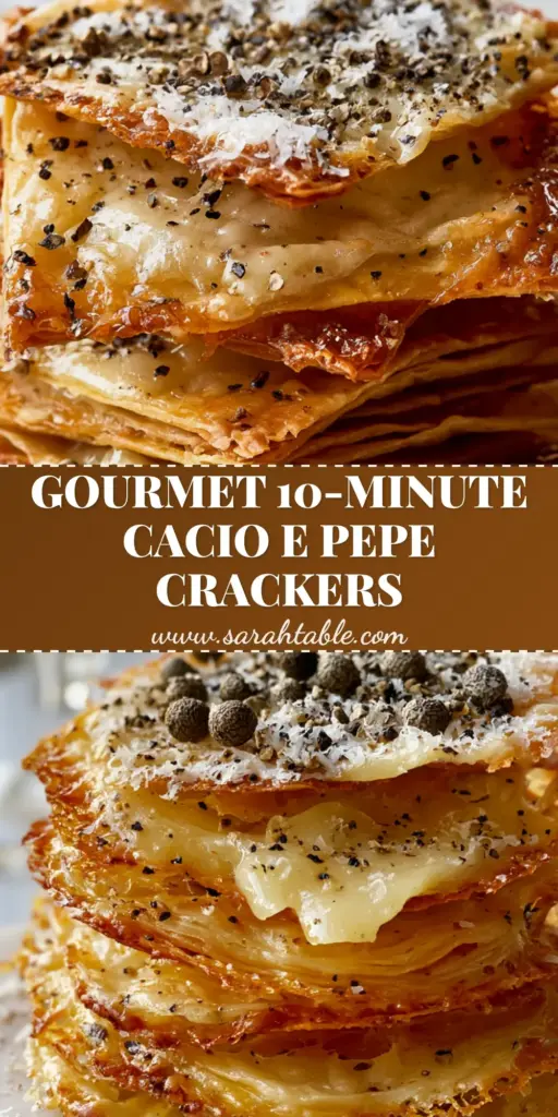 A stack of artisanal Cacio E Pepe Crackers on a marble slab with lacy cheese edges and toasted black pepper.