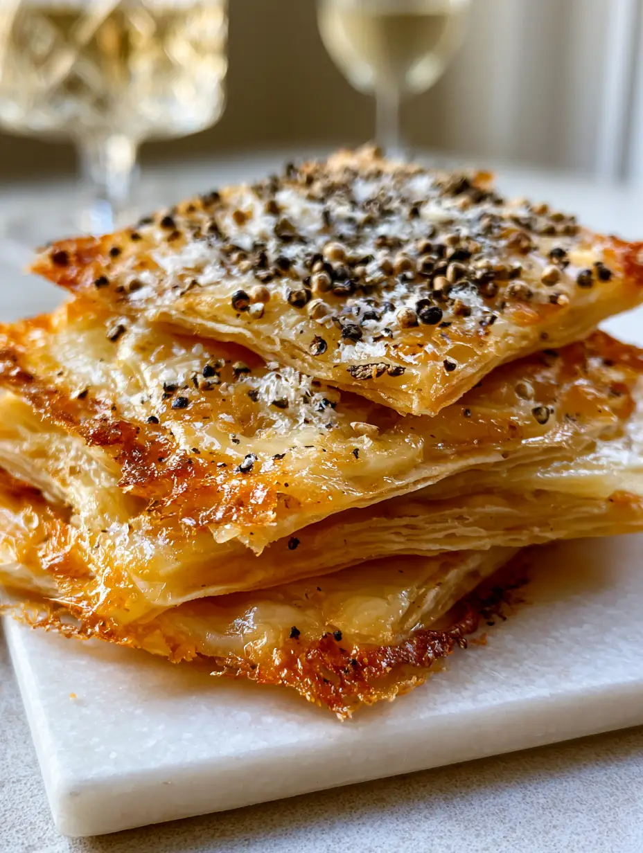 Macro shot of Cacio E Pepe Crackers showing flaky buttery layers and caramelized Pecorino Romano frico edges.