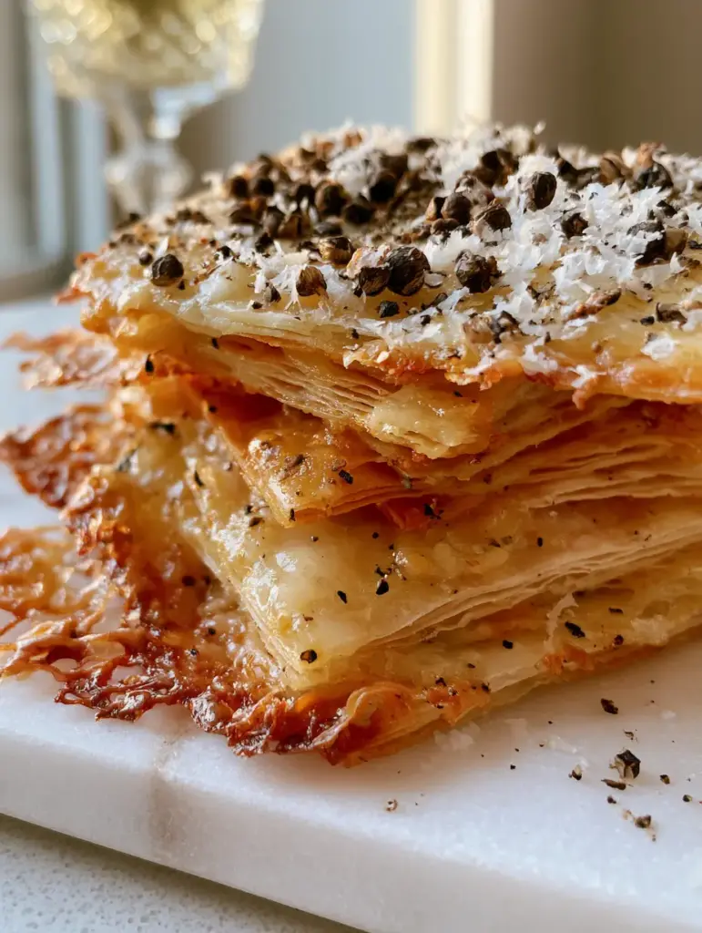 Extreme close-up of Cacio E Pepe Crackers with a snowfall of microplaned cheese and coarse ground black pepper.